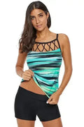 Greenish Tie Dye Striped Strappy High Neck Tankini Top