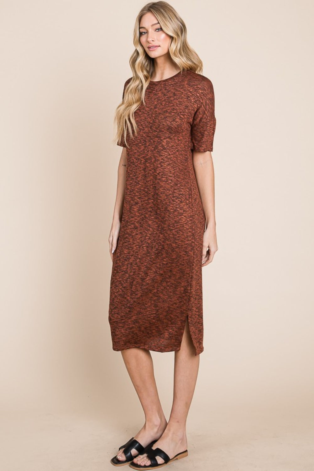 Round Neck Side Slit Midi Dress For Women – Chic Midi Dress, Stylish Round Neck Dress, Side Slit Dress, Versatile Midi Dress, Alluring Side Slit Dress, Elegant Dress for Any Occasion, Timeless Wardrobe Staple