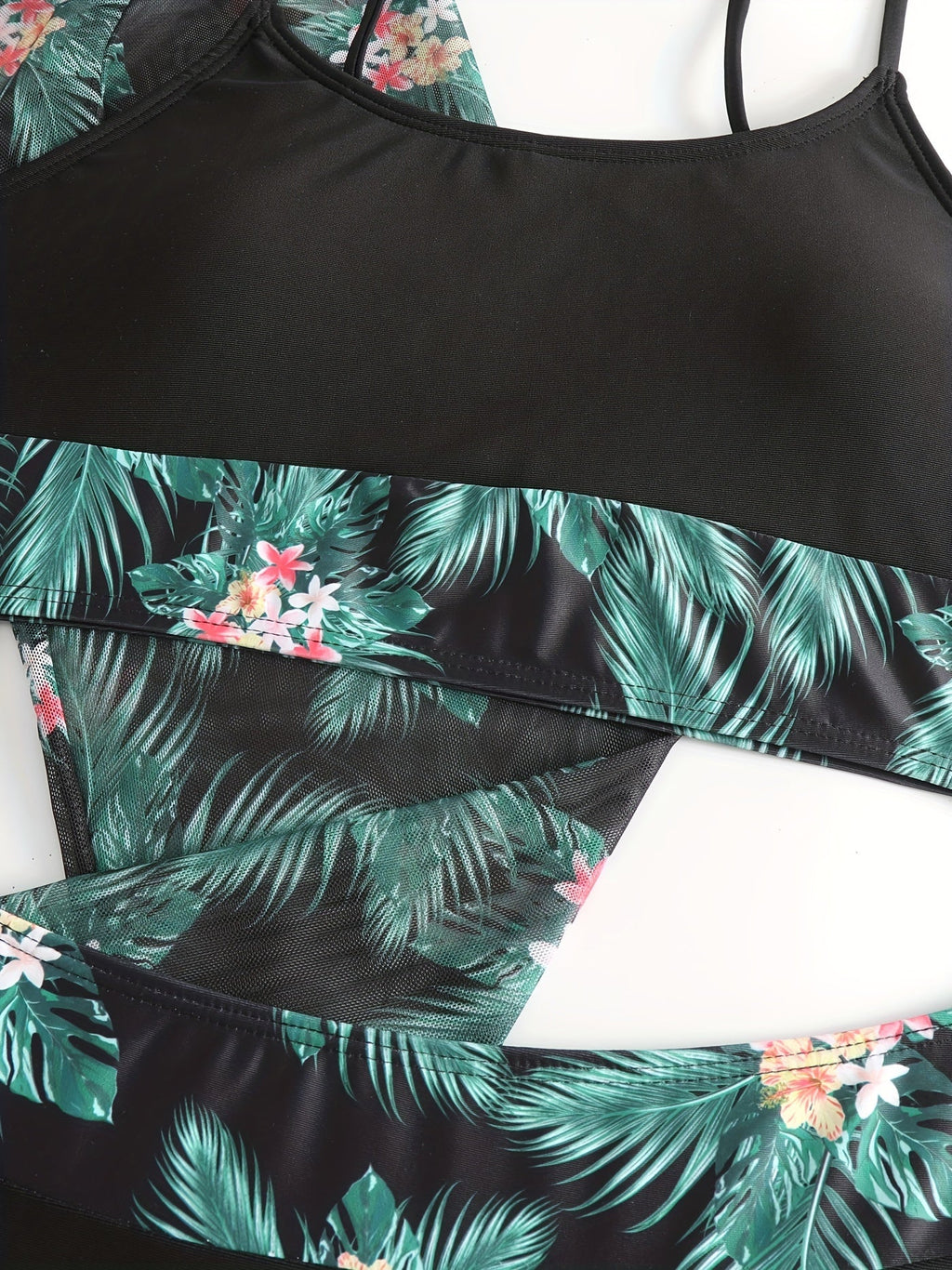 Bikini 3 Piece Tropical Print Swimsuit Set – High Stretch Comfortable Women's Bikini with Crew Neck Mesh Cover-Up – Chic Vacation Beachwear for Summer Casual Style & Poolside Glamour