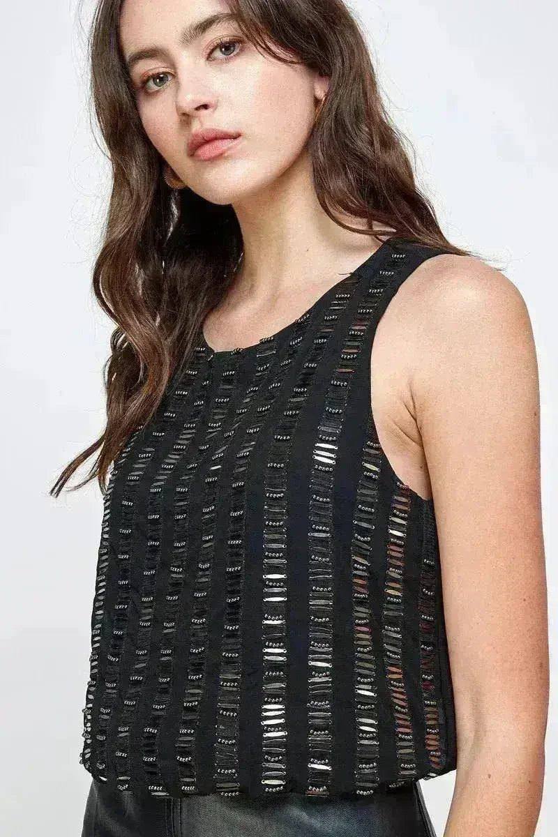 Sleeveless Textured Shift Dress Beaded Stripe  - Femstylo