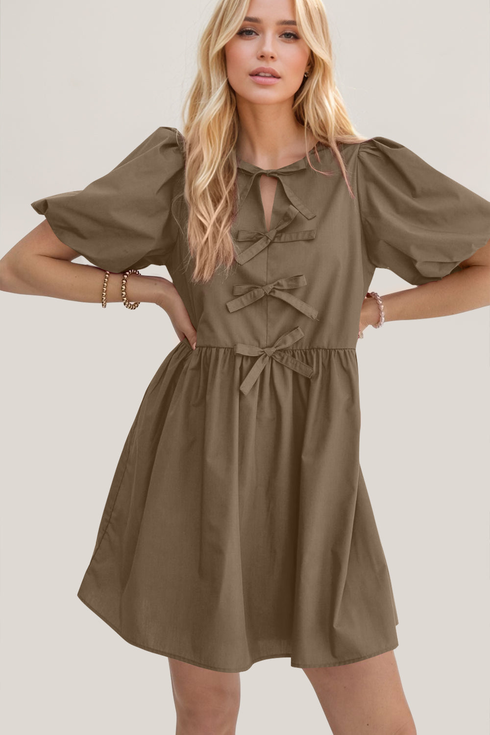 Elegant Ruched Puff Sleeve Mini Dress Vintage Bow Detail Cute Short Dress for Women