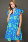 Blue Full Size Two-Tone Floral Print Ruffle Cap Sleeve Mini Dress Plus Size Elegant Dress