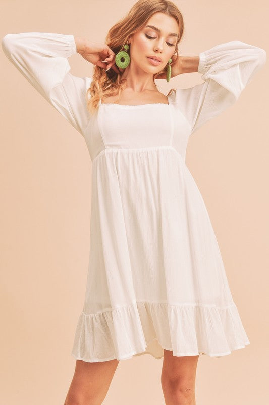 Ruffled Hem Square Neck Balloon Sleeve Mini Dress – Trendy, Feminine & Fashion-Forward Dress for Stylish Occasions