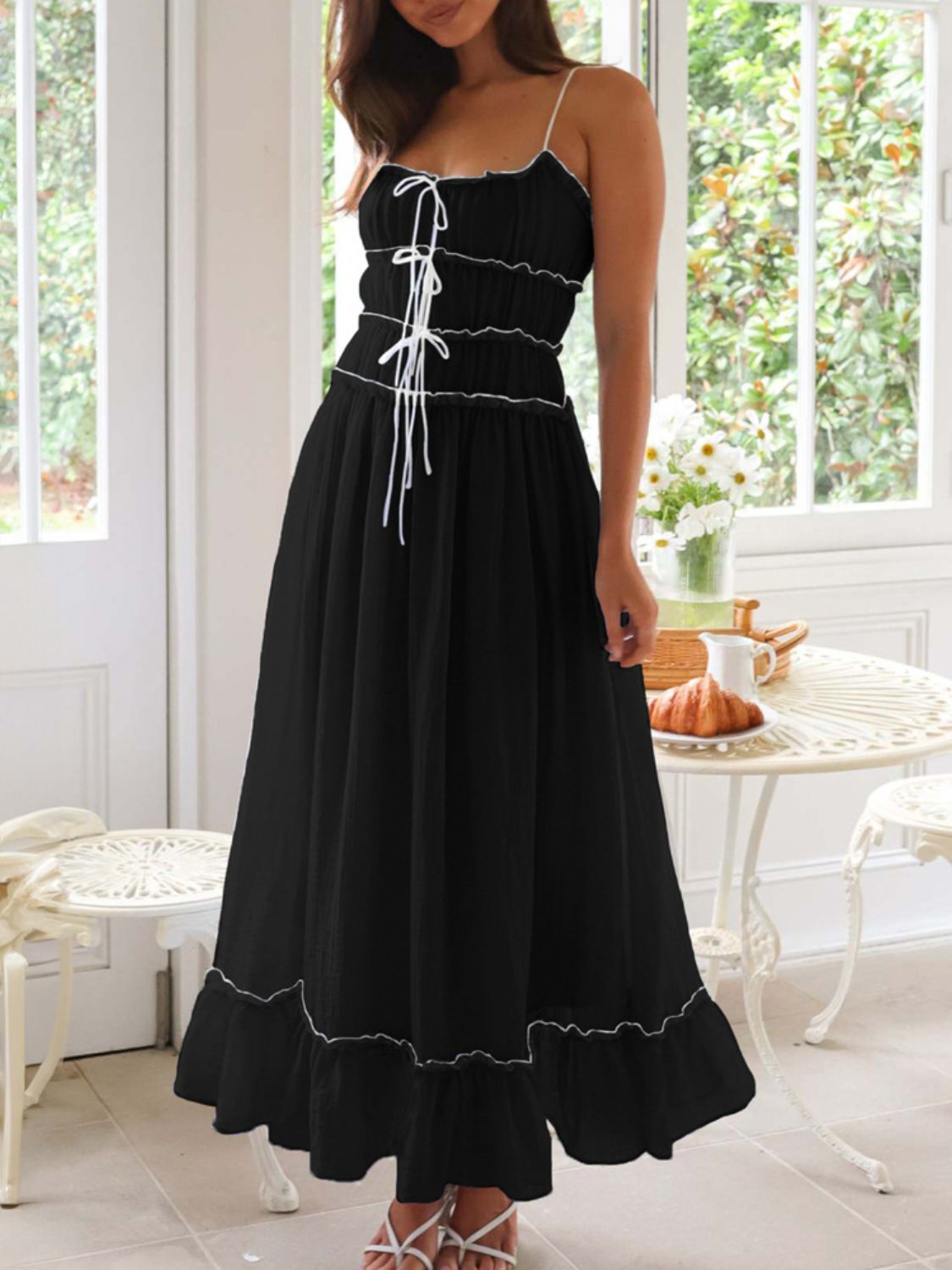 Vintage Ruffled Hem Midi Dress With Tied And Ruched Detail Elegant Feminine Girls Dress