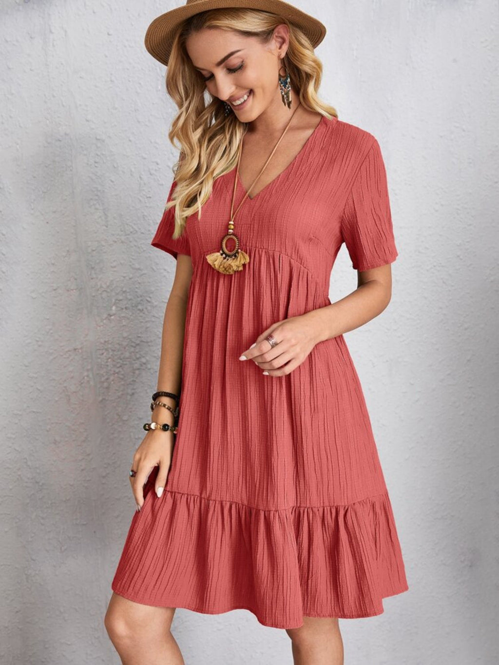 Classic Full Size V-Neck Short Sleeve Dress Casual & Comfortable Dress for Women