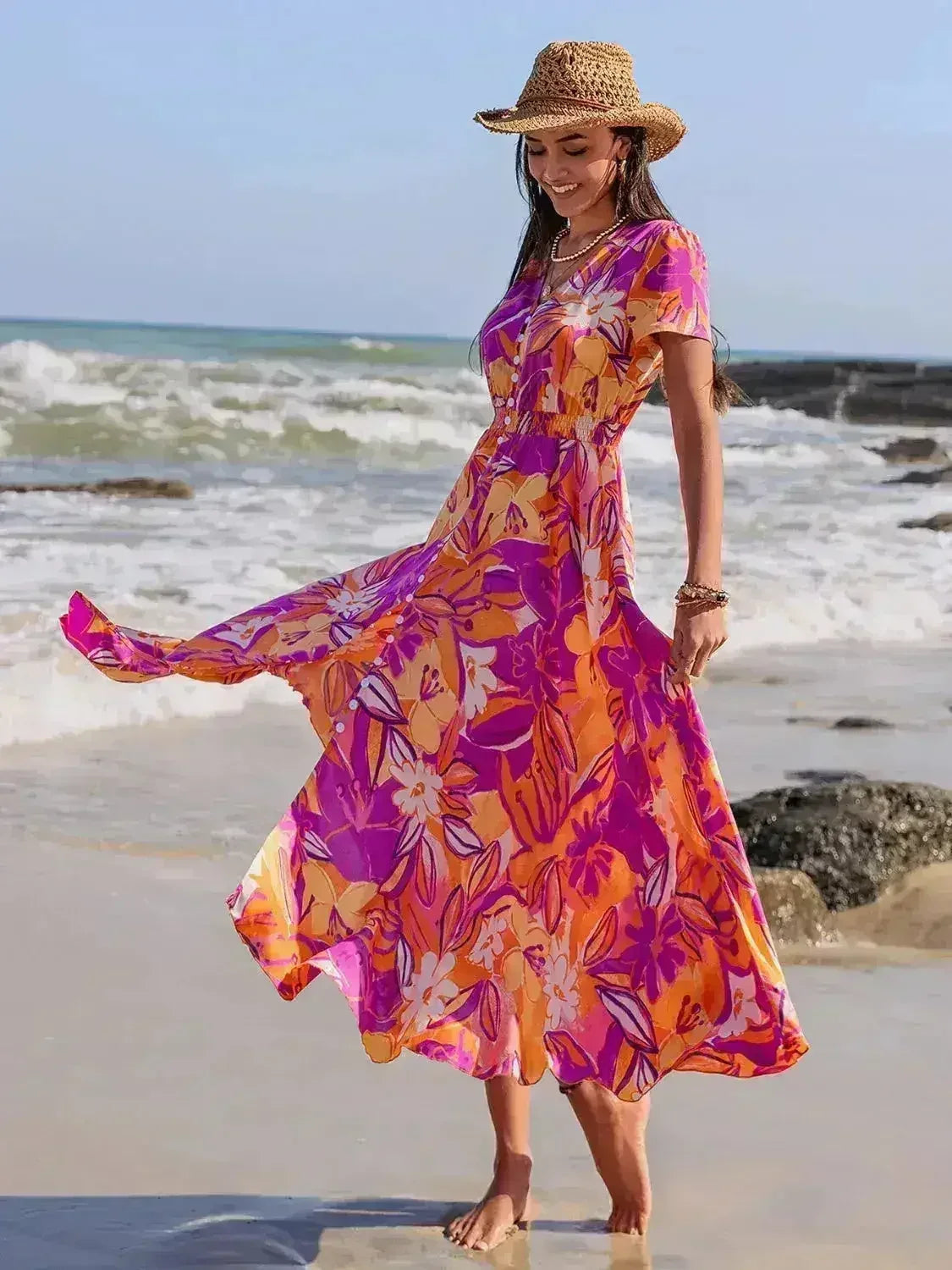 Printed V-Neck Midi Dress - Flowy Viscose Summer Dress | Femstylo