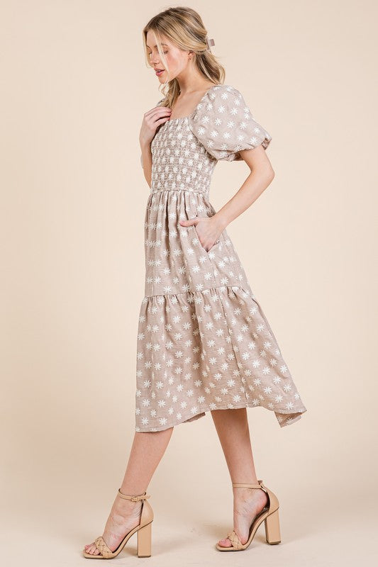 New Floral Embroidered Smocked Puff Sleeve Tiered Midi Dress For Women Elegant,Charming and Feminine Floral Embroidered Midi Dress with Puff Sleeves and Tiered Design