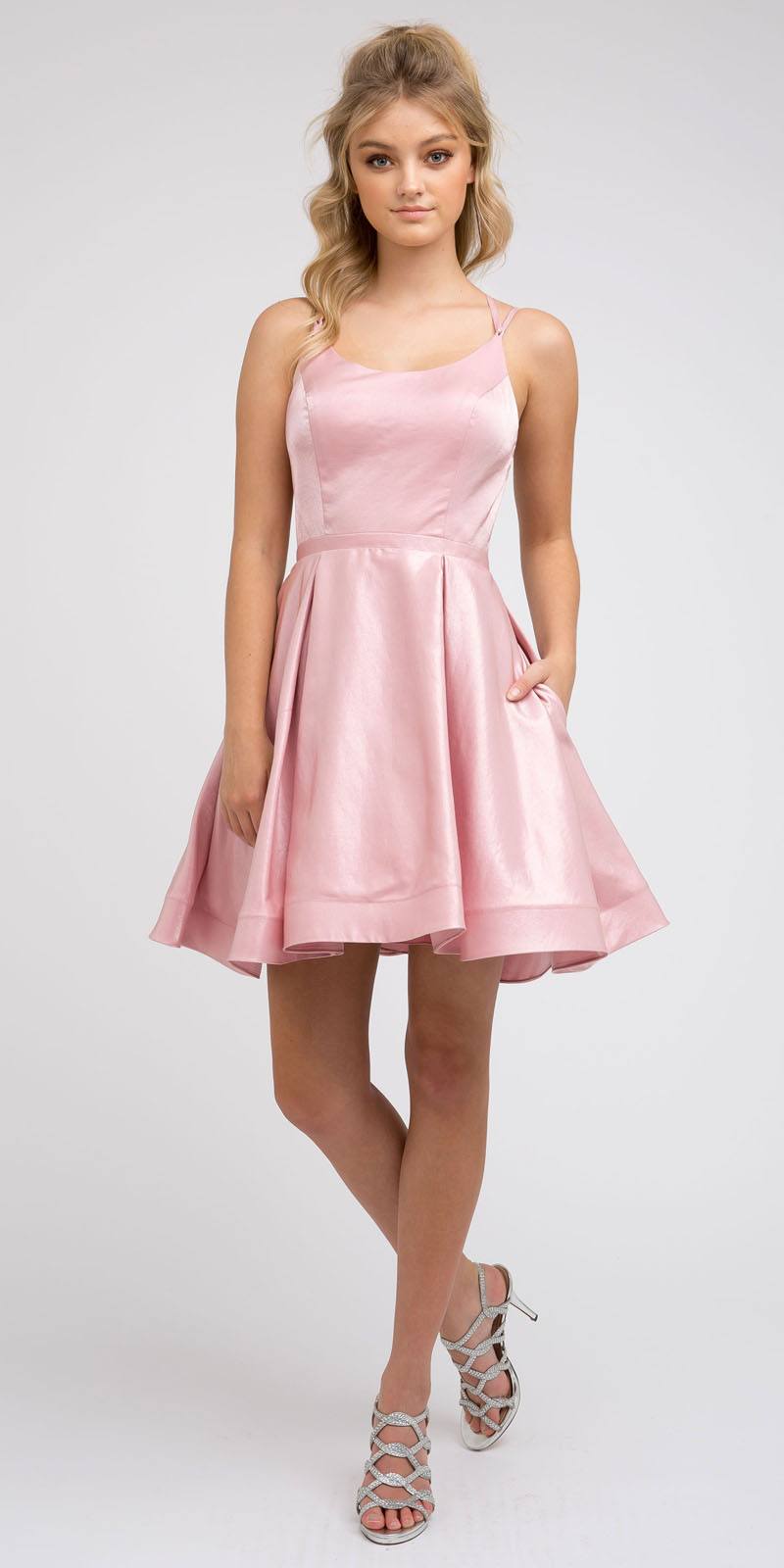 CLEARANCE - Juliet 852 Caged-Back Homecoming Short Dress with Pockets (Size Small)