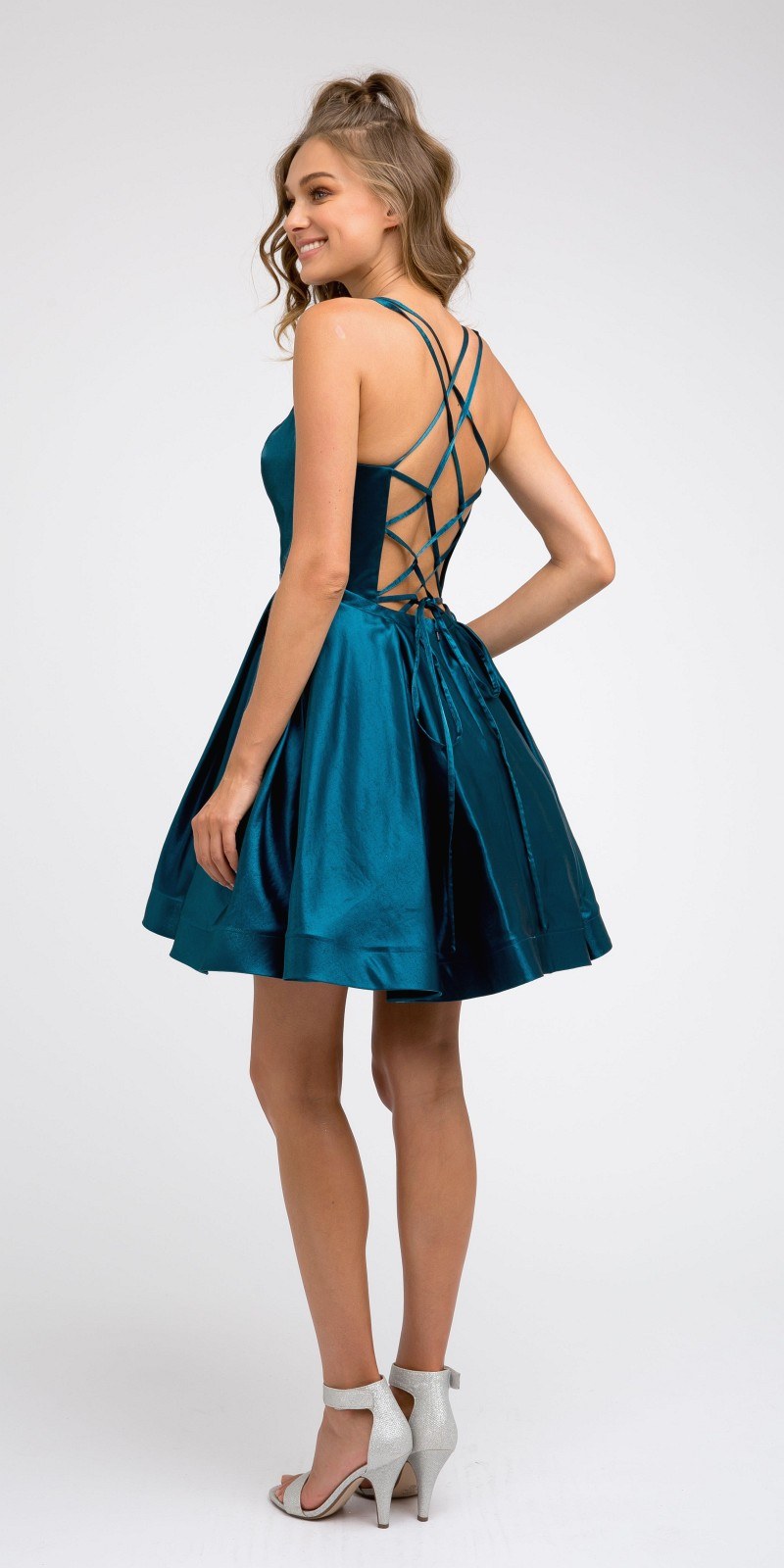 CLEARANCE - Juliet 852 Caged-Back Homecoming Short Dress with Pockets (Size Small)