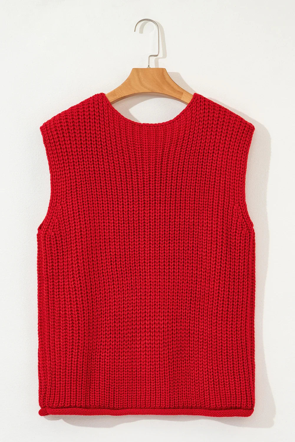 Fiery Red Solid Textured Knit Side Pockets Buttoned Sweater Vest
