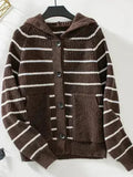 Striped Button Up Long Sleeve Hooded Cardigan