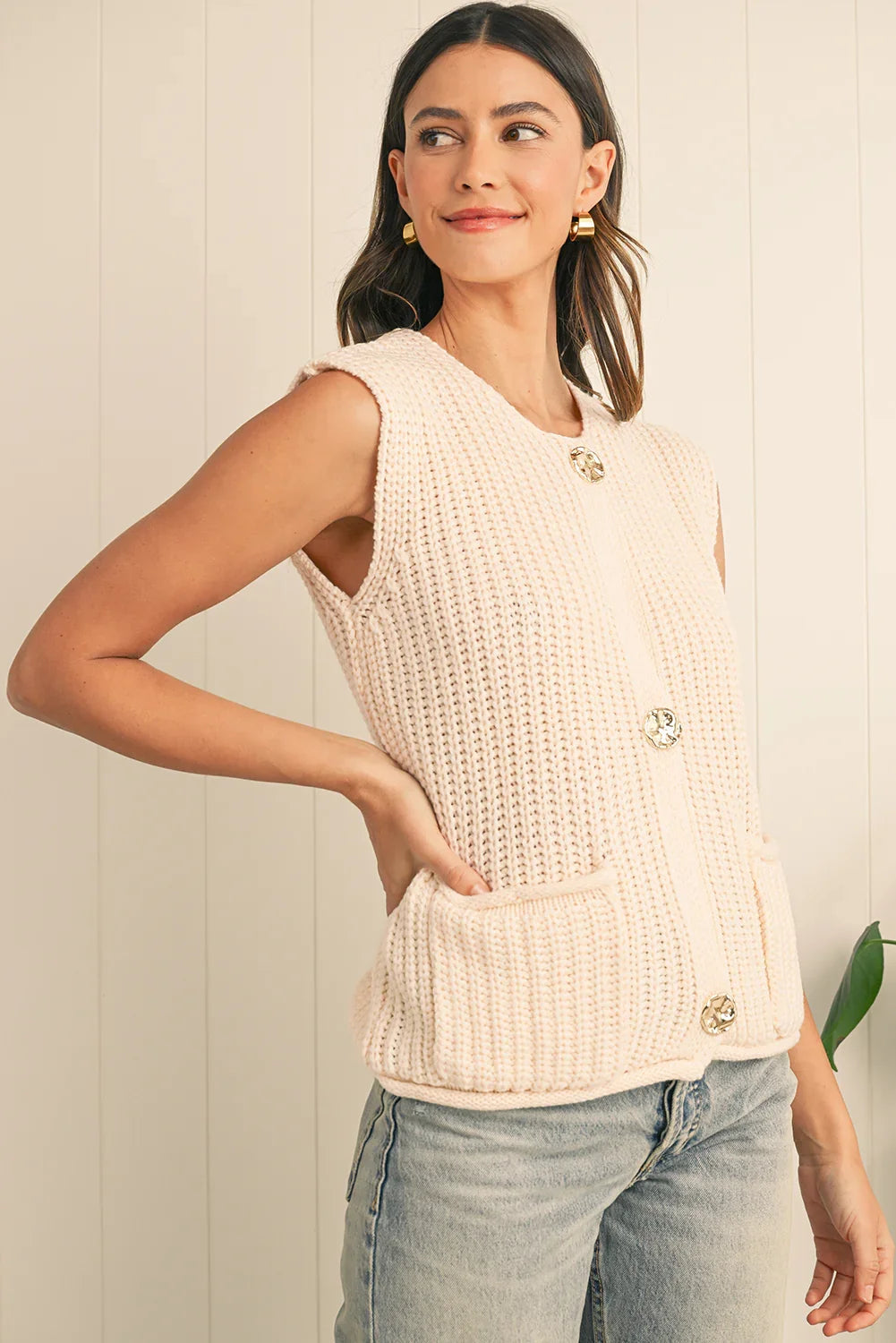 Fiery Red Solid Textured Knit Side Pockets Buttoned Sweater Vest