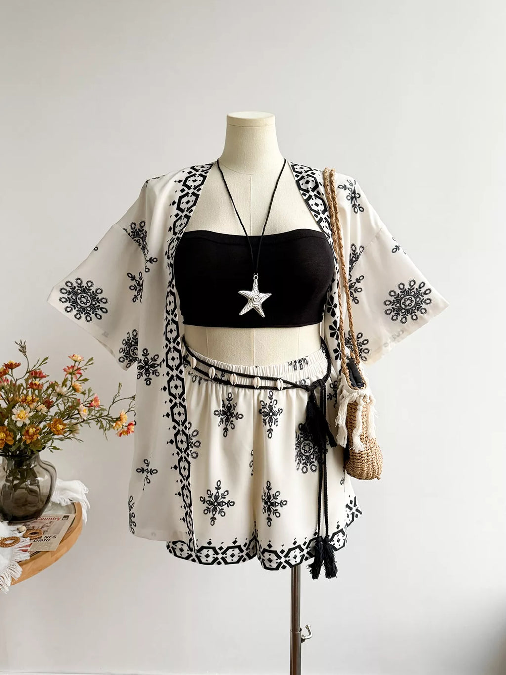 Plus Size Printed Open Front Cardigan and Shorts Set
