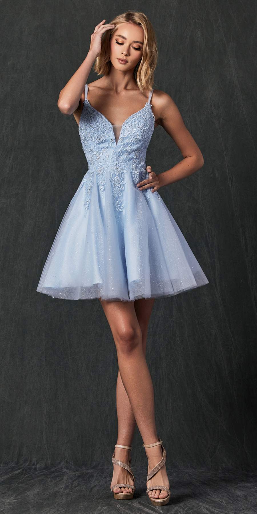 Juliet 857 Embroidered Top Short A-line Glitter Dress