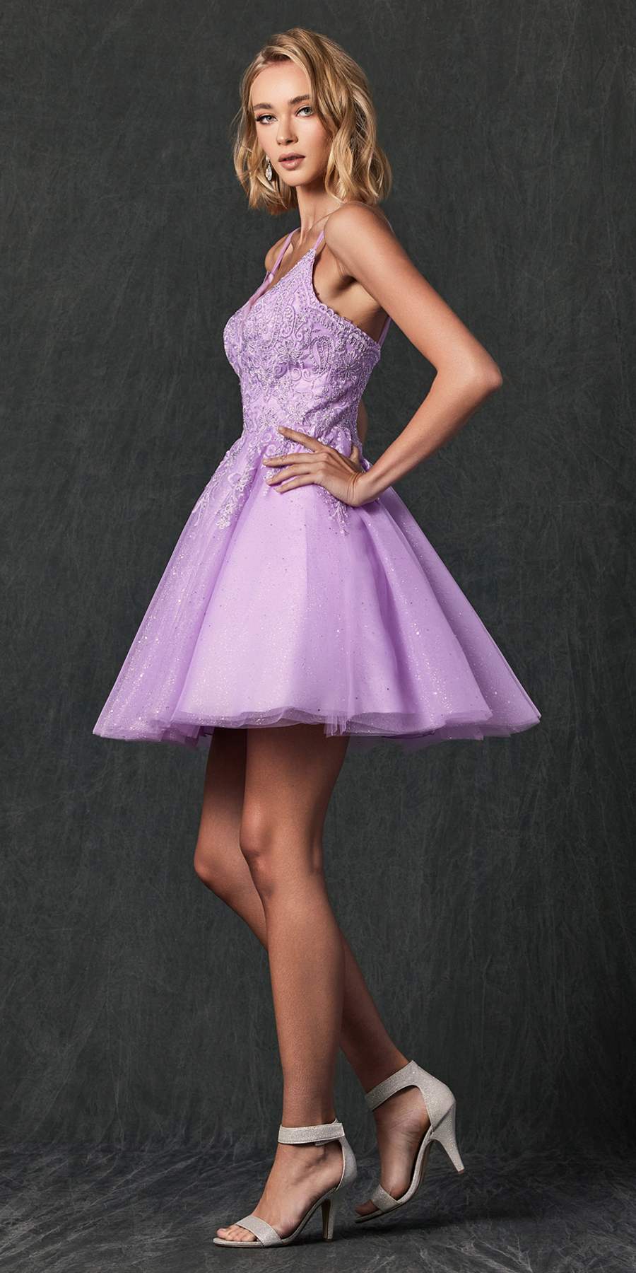 Juliet 857 Embroidered Top Short A-line Glitter Dress