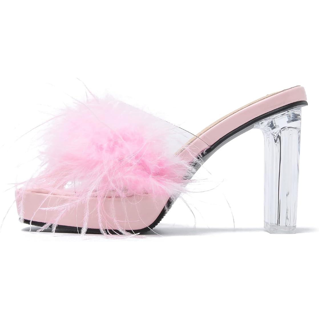 Liuruijia Womens Size 7.5 Clear Strap Pink Feather Square Toe Platform Shoes