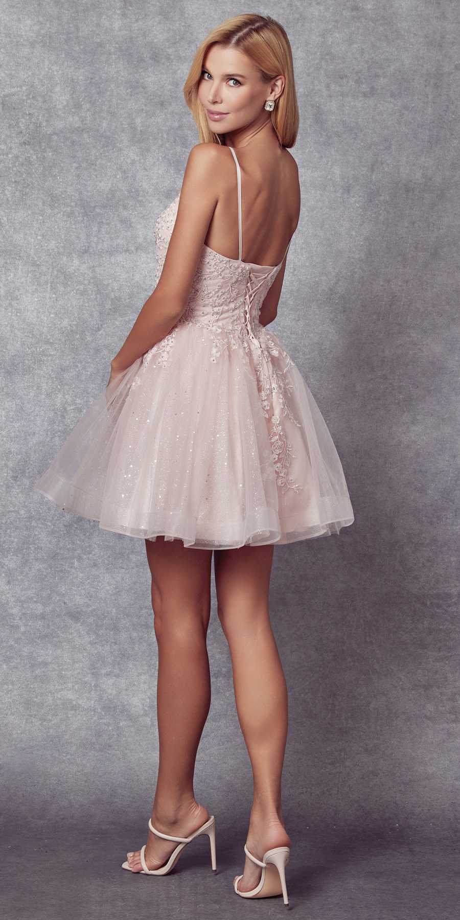 Juliet 859 Short Floral Applique Glitter Tulle A-Line Dress