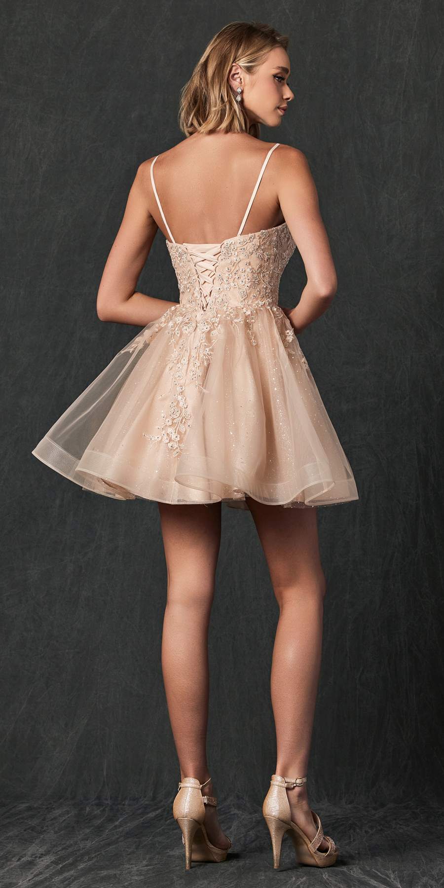 Juliet 859 Short Floral Applique Glitter Tulle A-Line Dress