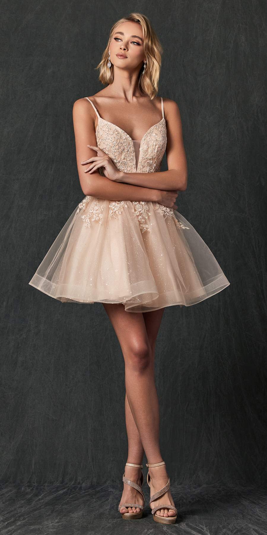 Juliet 859 Short Floral Applique Glitter Tulle A-Line Dress