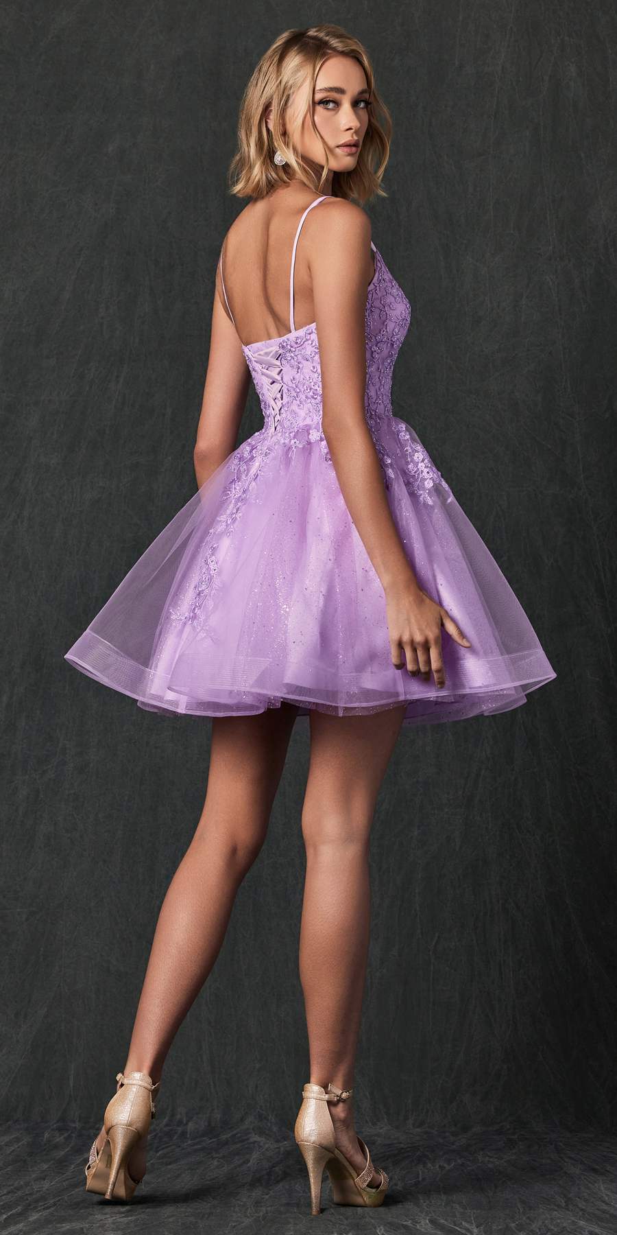 Juliet 859 Short Floral Applique Glitter Tulle A-Line Dress