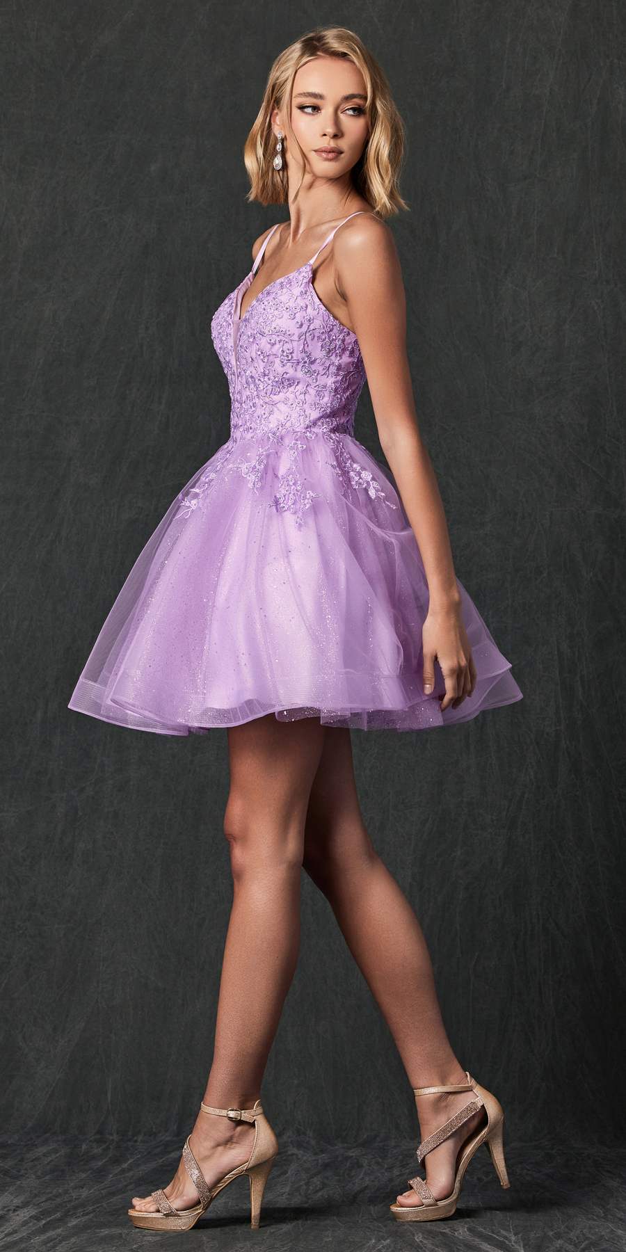 Juliet 859 Short Floral Applique Glitter Tulle A-Line Dress