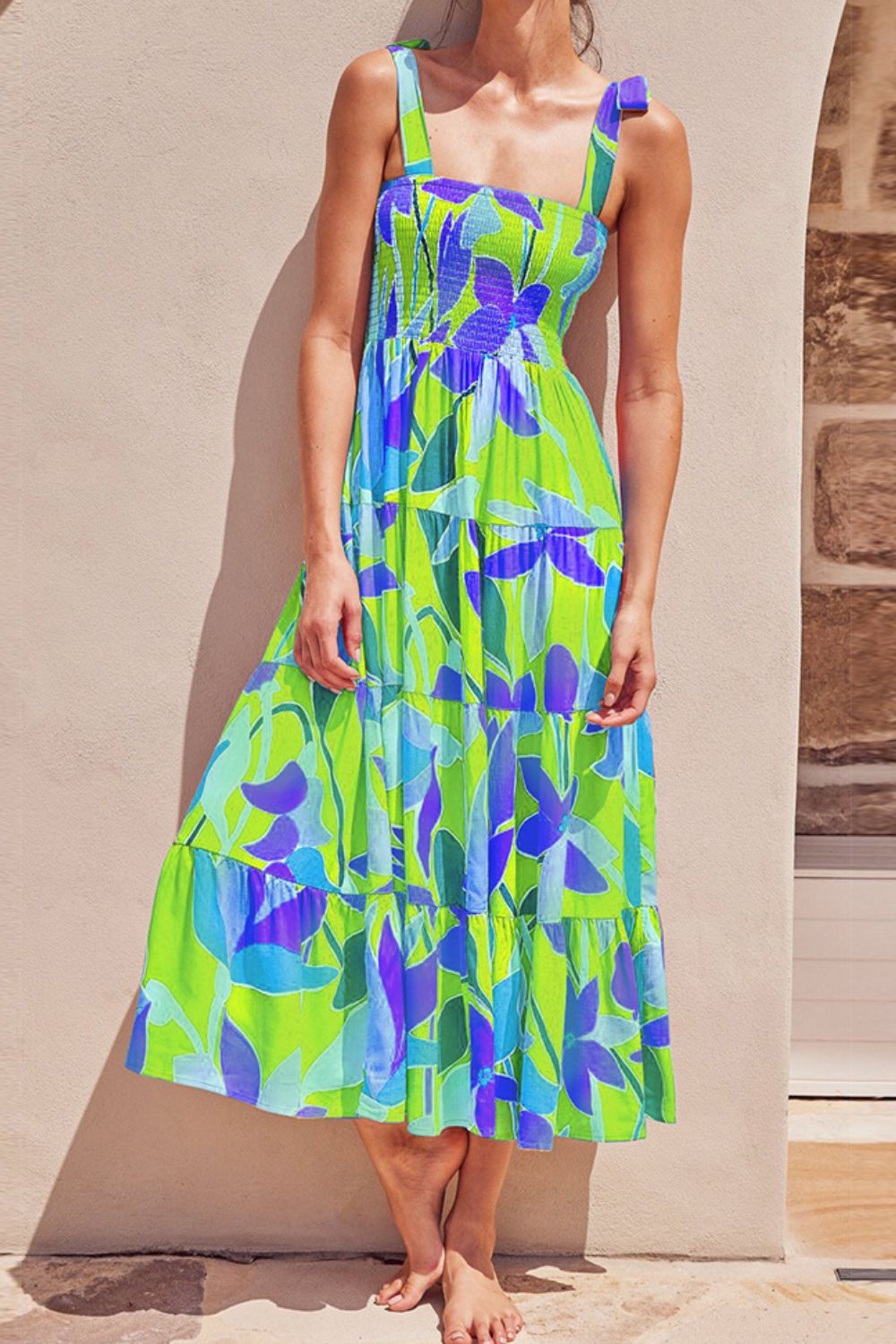 Long Floral Tie-Shoulder Smocked Midi Dress Perfect For Vacation & Summer Days