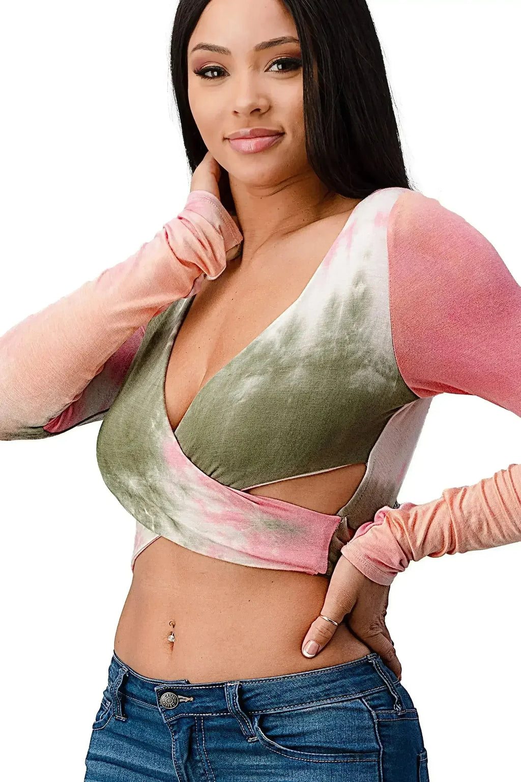 Tie-Dye Wrap Crop Top – Rayon Surplice Boho Blouse | Femstylo