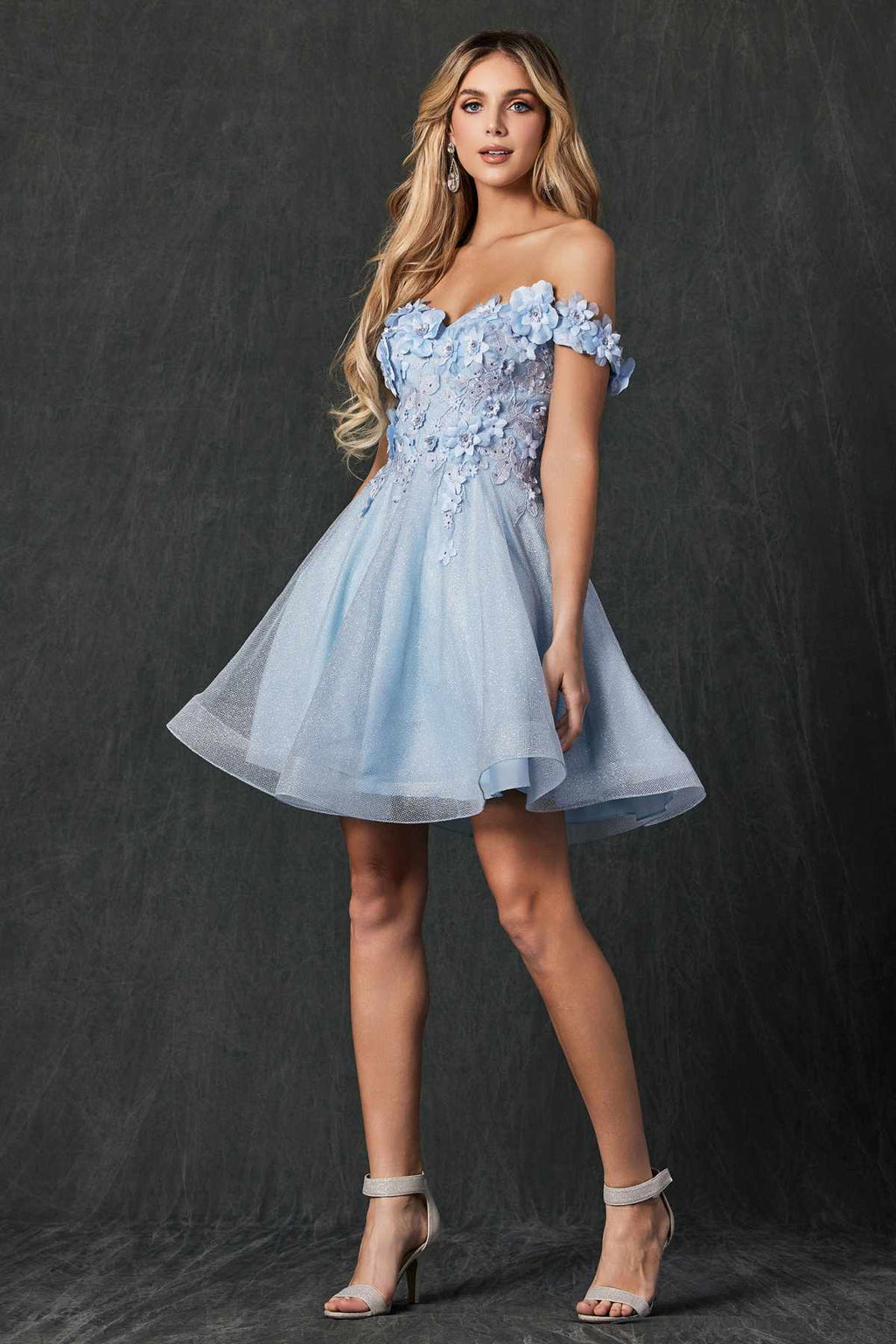 Juliet 861 Floral Embroidered Glitter Mesh Short A-Line Dress