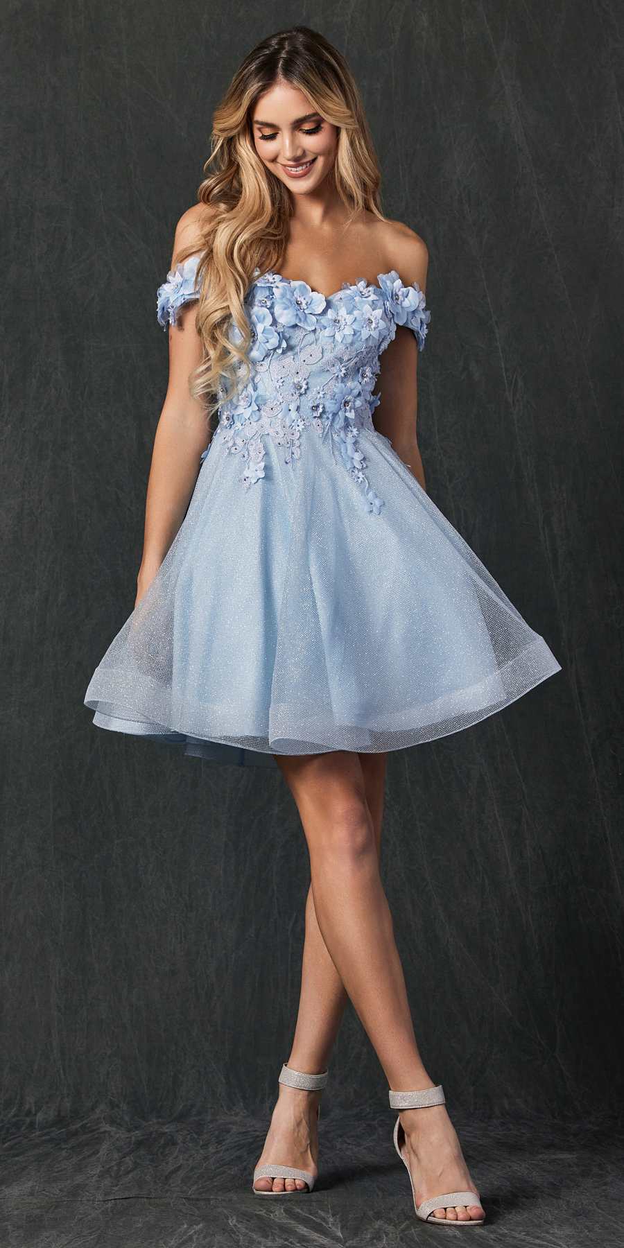 Juliet 861 Floral Embroidered Glitter Mesh Short A-Line Dress