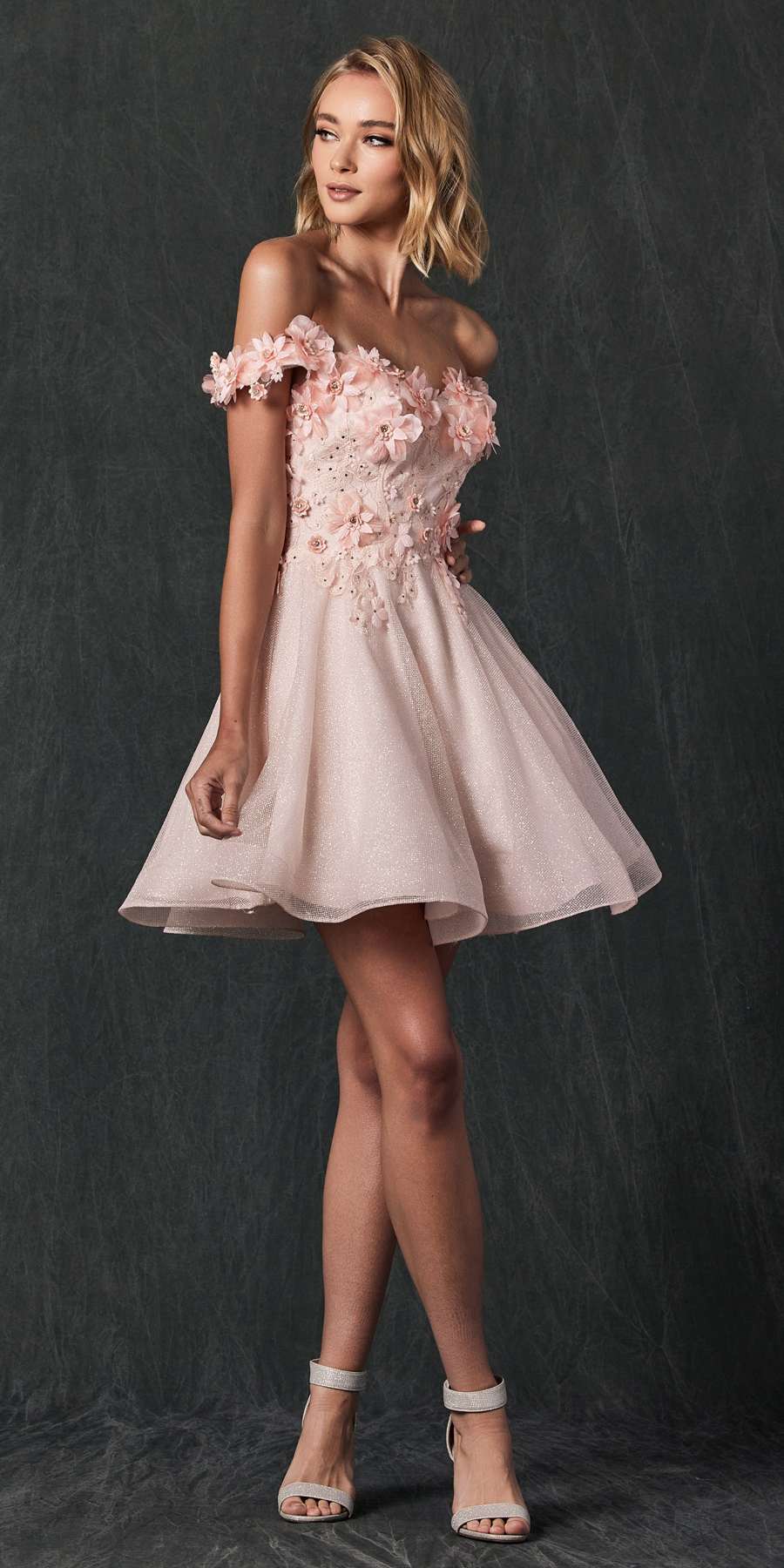 Juliet 861 Floral Embroidered Glitter Mesh Short A-Line Dress