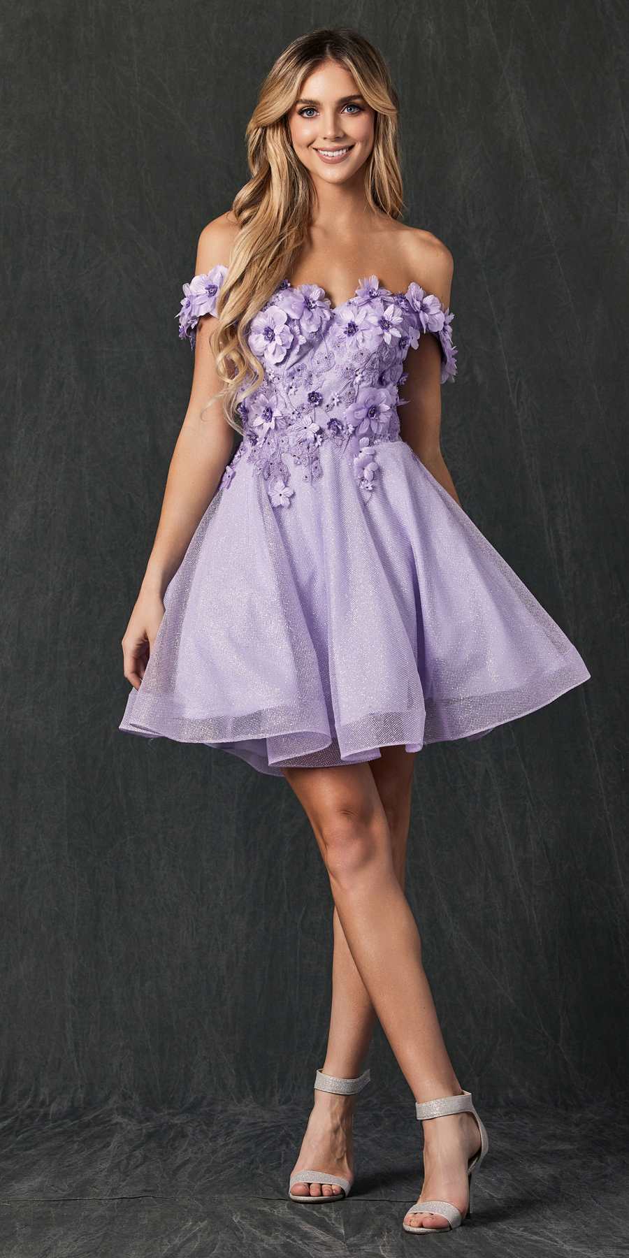 Juliet 861 Floral Embroidered Glitter Mesh Short A-Line Dress