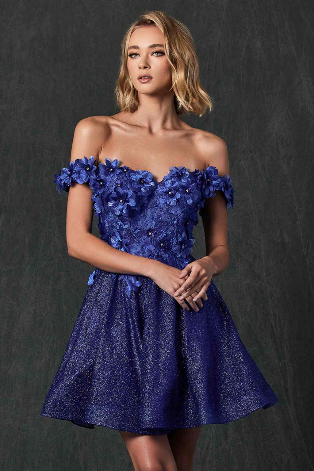 Juliet 861 Floral Embroidered Glitter Mesh Short A-Line Dress