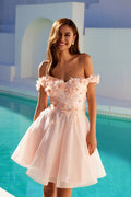 Juliet 861 Floral Embroidered Glitter Mesh Short A-Line Dress