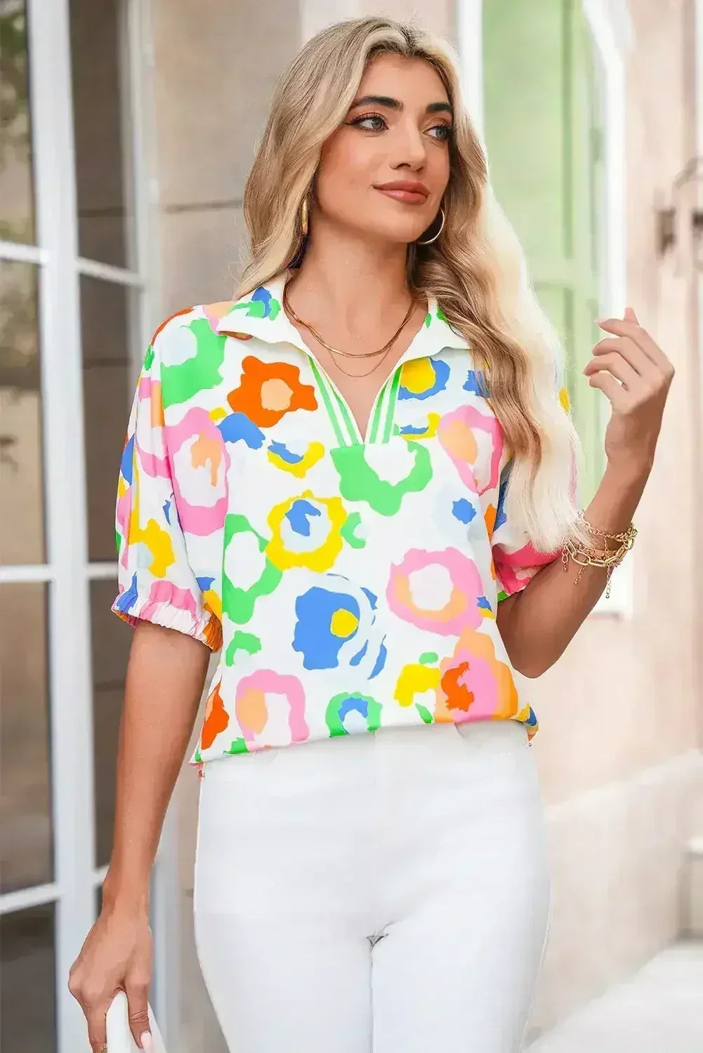 Green Abstract Leopard Short Sleeve Pop of Color Blouse | Femstylo