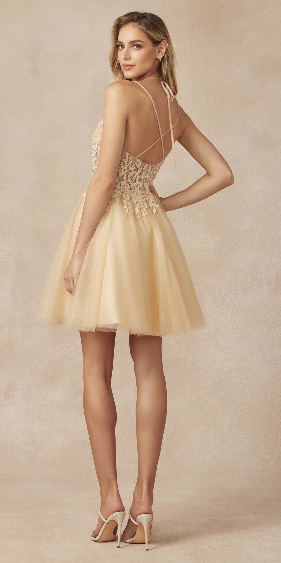 Juliet 864 Leaf Lace Embroidered Bodice Glitter Tulle Dress