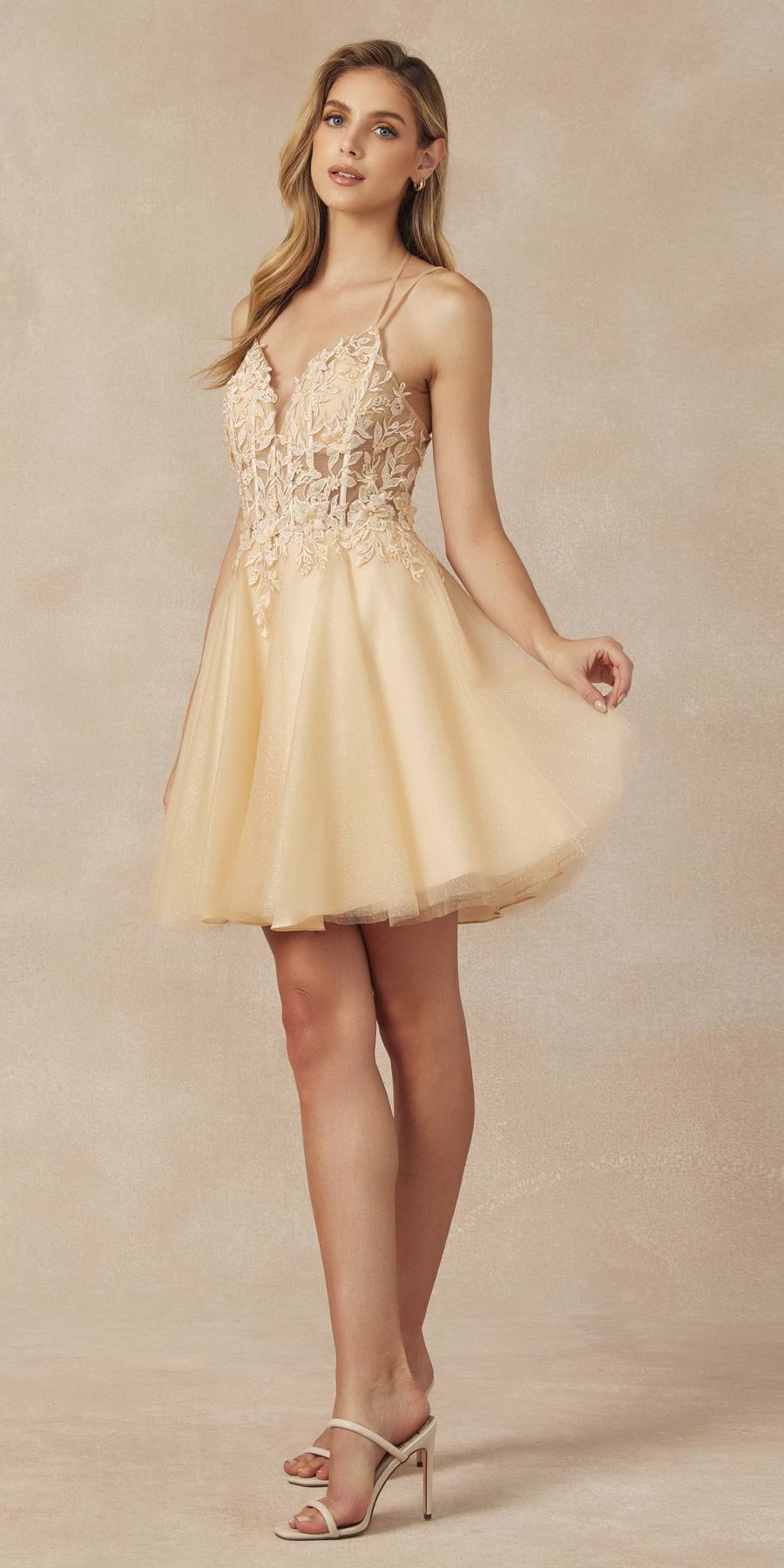Juliet 864 Leaf Lace Embroidered Bodice Glitter Tulle Dress