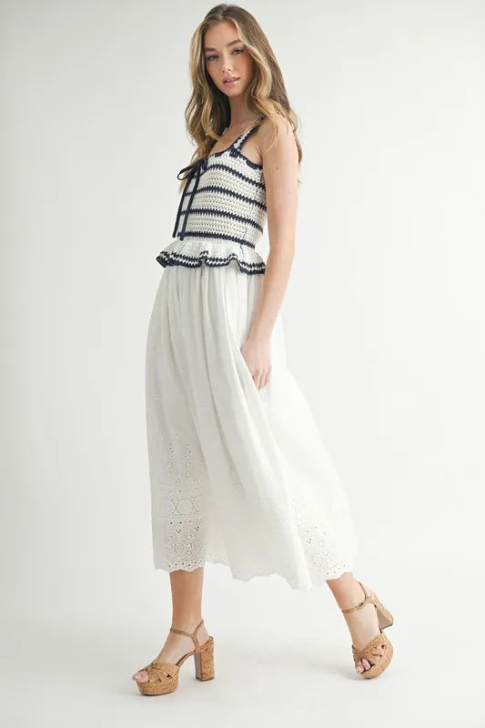 Crochet Stripe Knit Eyelet Mix Midi Dress – Crochet Midi Dress, Stripe Knit Dress, Eyelet Mix Dress, Trendy Midi Dress, Versatile Midi Dress