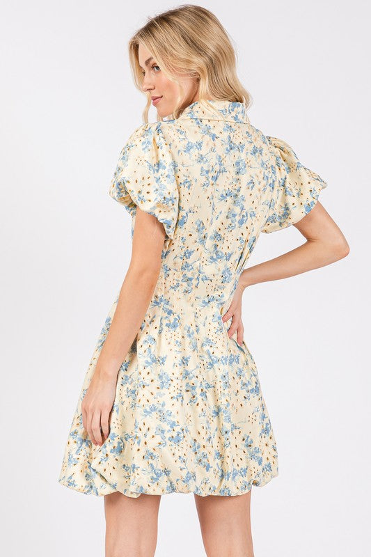 New Summer Floral Eyelet Zipper Front Puff Sleeve Mini Dress For Women – Elegant, Trendy and Chic Floral Eyelet Mini Dress with Puff Sleeves