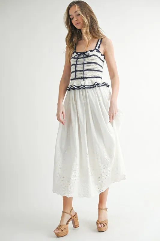 Crochet Stripe Knit Eyelet Mix Midi Dress – Crochet Midi Dress, Stripe Knit Dress, Eyelet Mix Dress, Trendy Midi Dress, Versatile Midi Dress