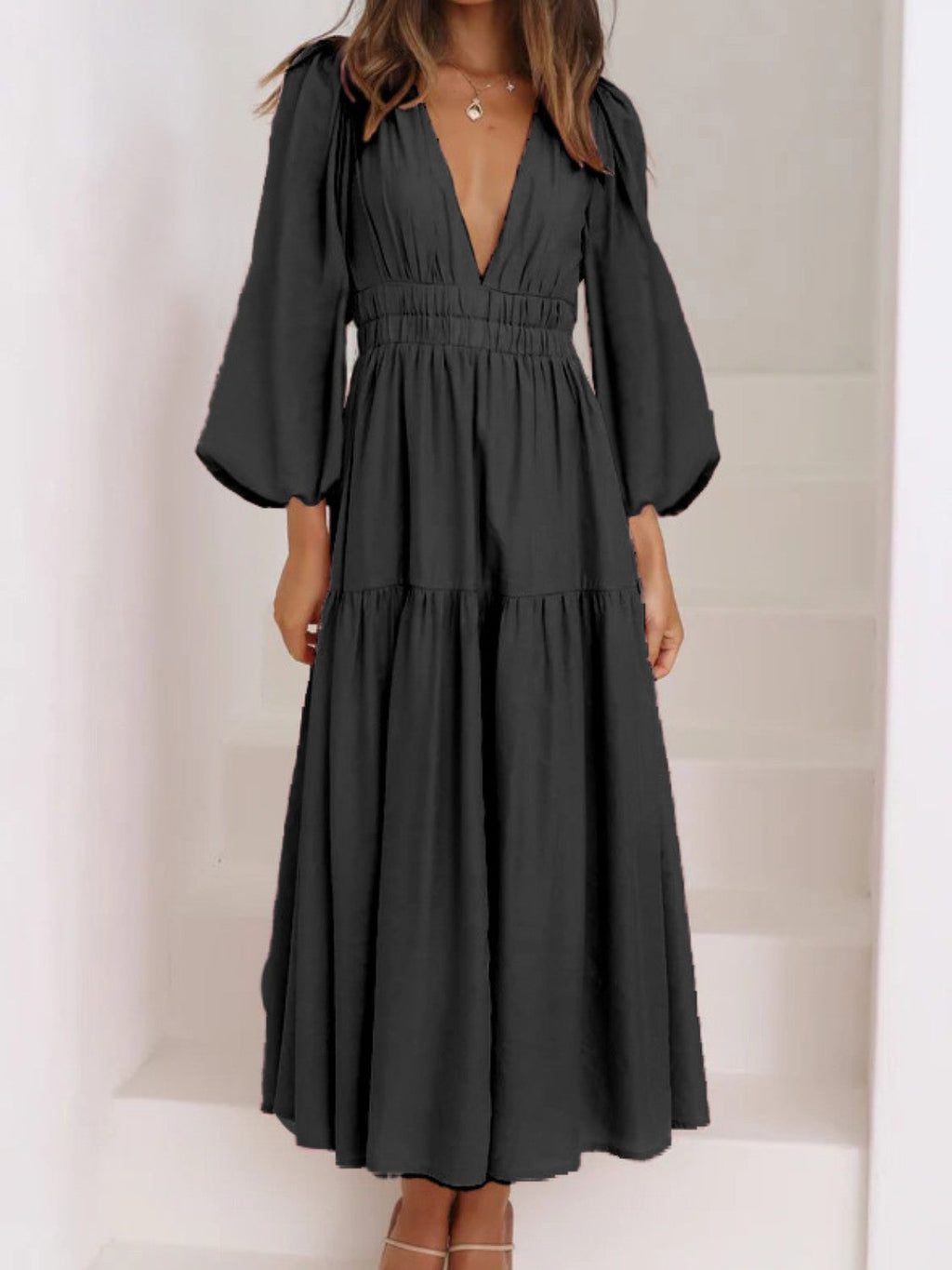 Lightweight Deep V-Neck Balloon Sleeve Maxi Dress Elegant & Flowing Silhouette Unique Dress