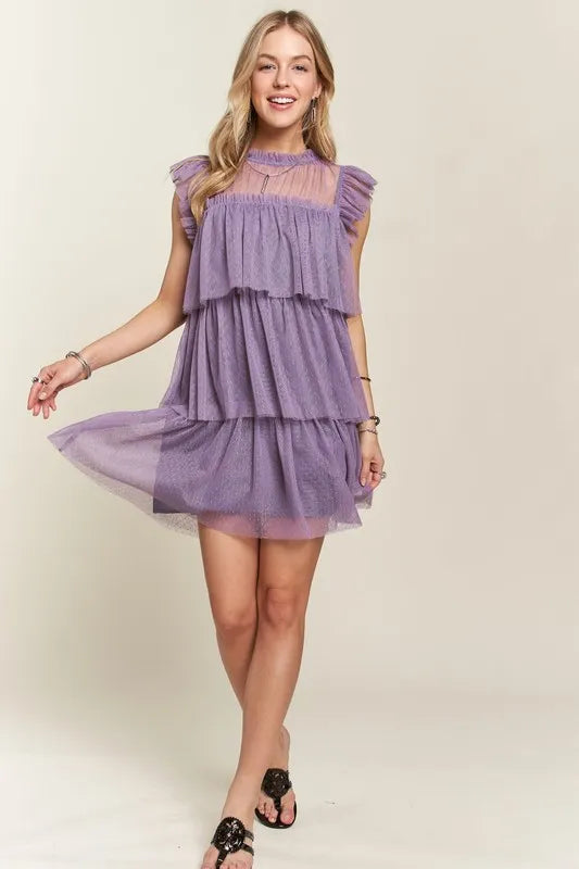 Layered Ruffled Cap Sleeve Mesh Dress For Women – Romantic Mesh Dress with Lace & Ruffled Layers for Elegant Parties & Special Events