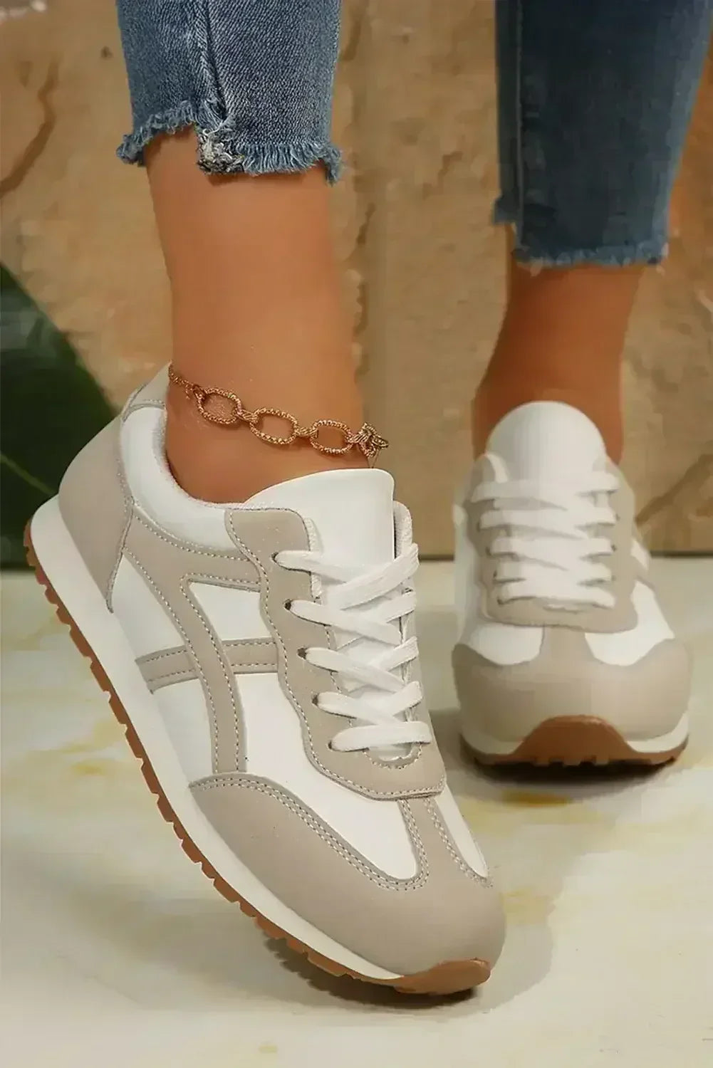 Oatmeal Contrast Sneakers - PU Leather Lace-Ups - Wholesale Neutral Kicks