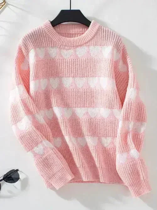 Heart Print Sweater - Oversized Round Neck Knit Top | Femstylo