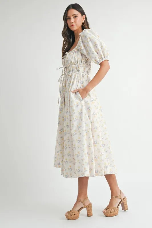 Floral Drawstring Detail Puff Sleeve Midi Dress – Romantic Floral Midi Dress, Ruched Drawstring Dress, Feminine Puff Sleeve Dress, Trendy Garden Party Dress For Summer