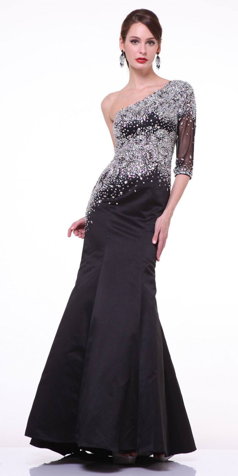 Cinderella Divine 8789 Mermaid Dress One Shoulder Sleeve Embellished Sheer Bodice