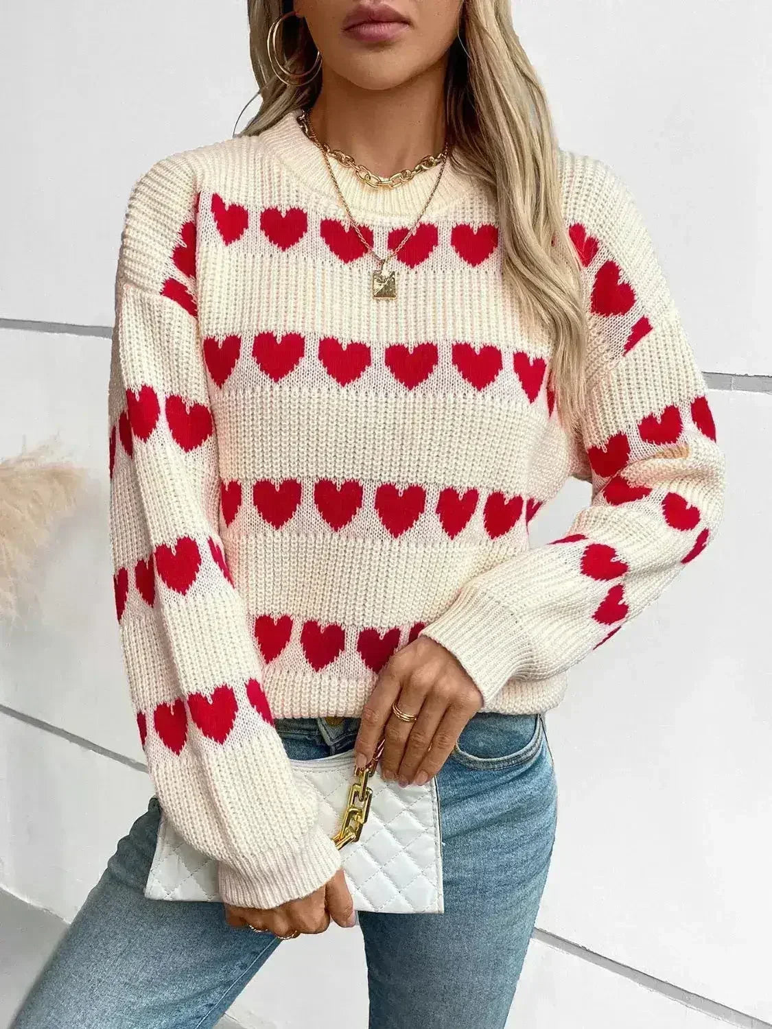 Heart Print Sweater - Oversized Round Neck Knit Top | Femstylo