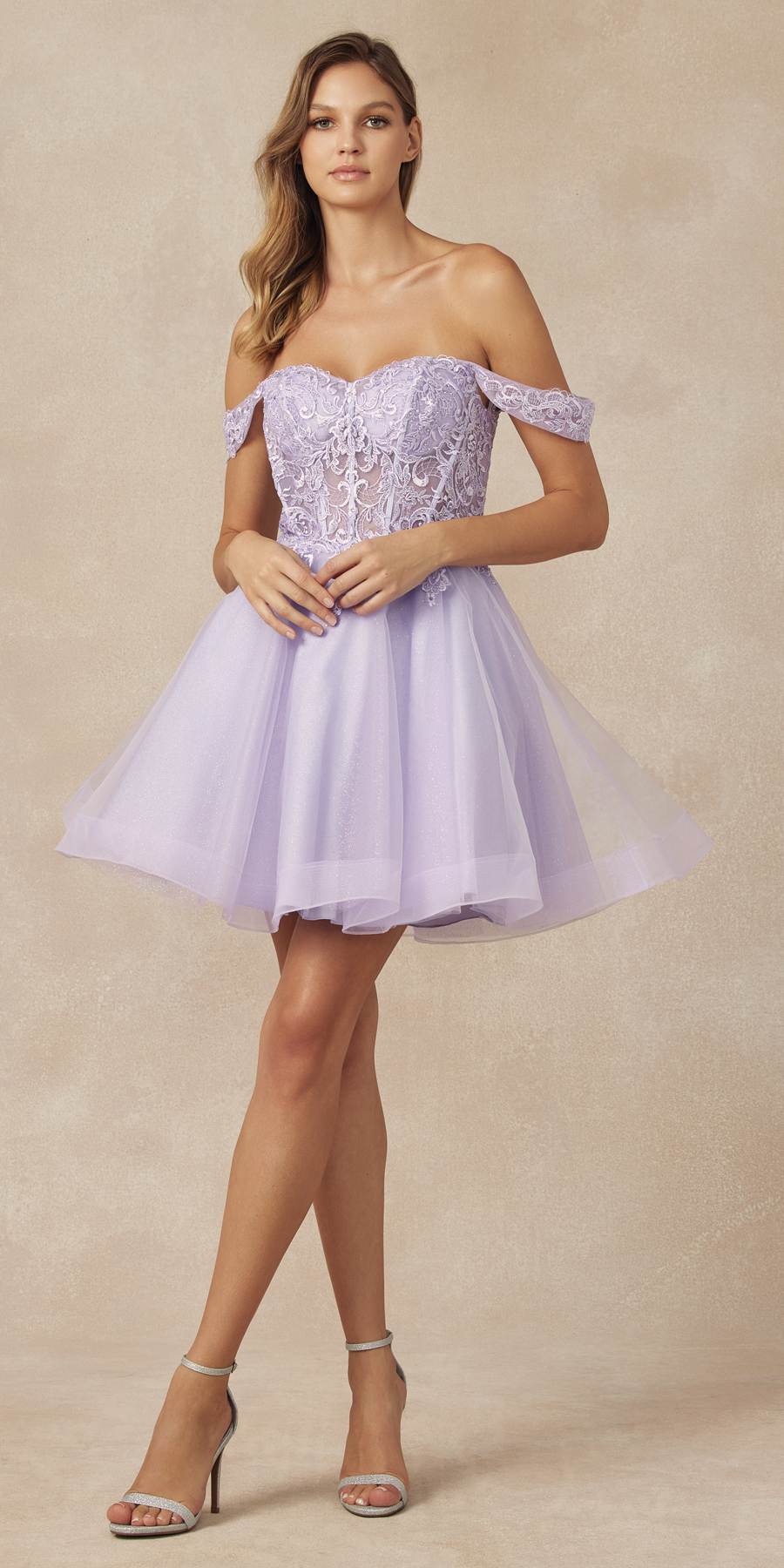 Juliet 880 Glitter Tulle A-Line Cold-Shoulder Homecoming Dress.