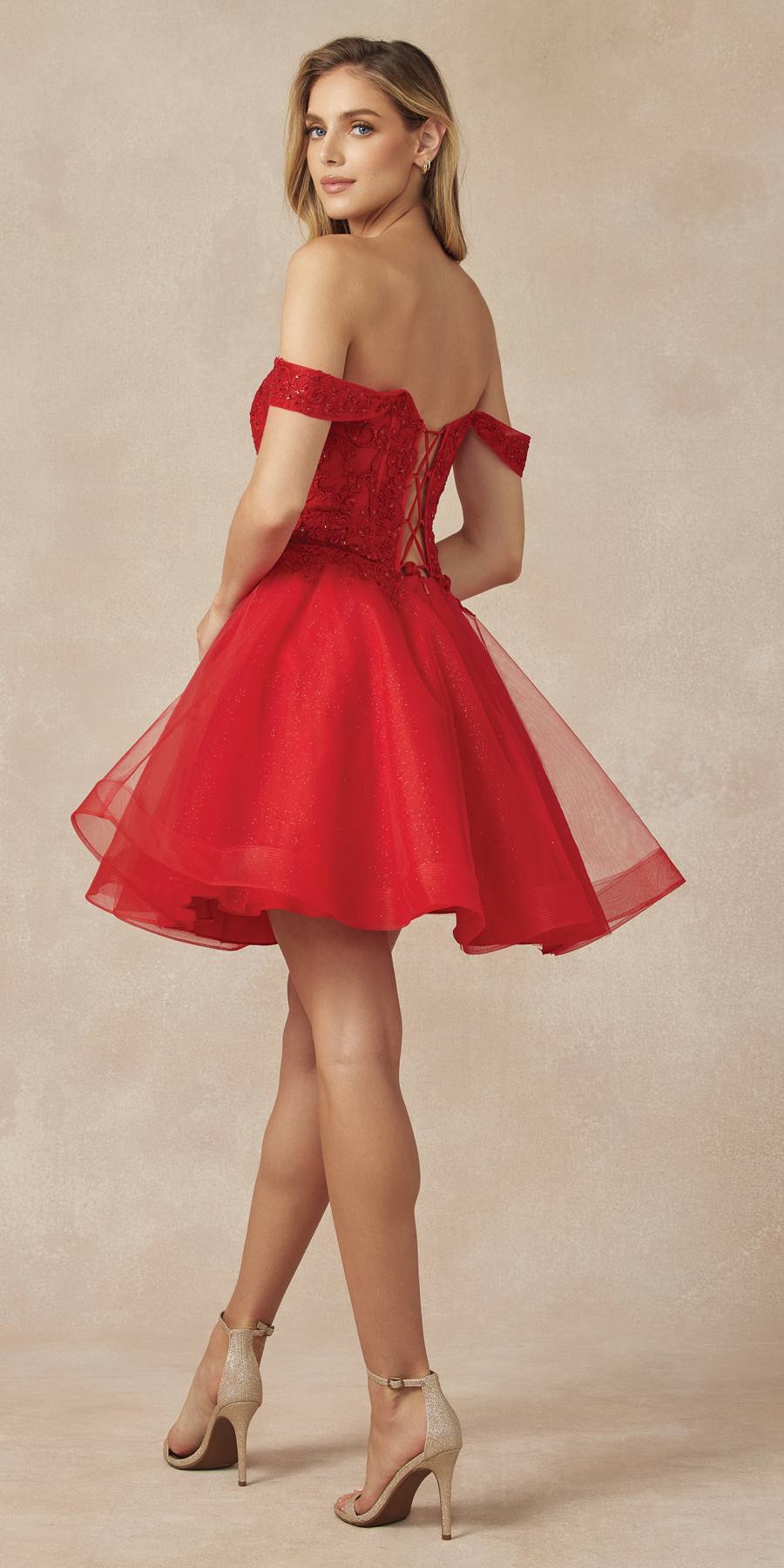 Juliet 880 Glitter Tulle A-Line Cold-Shoulder Homecoming Dress.