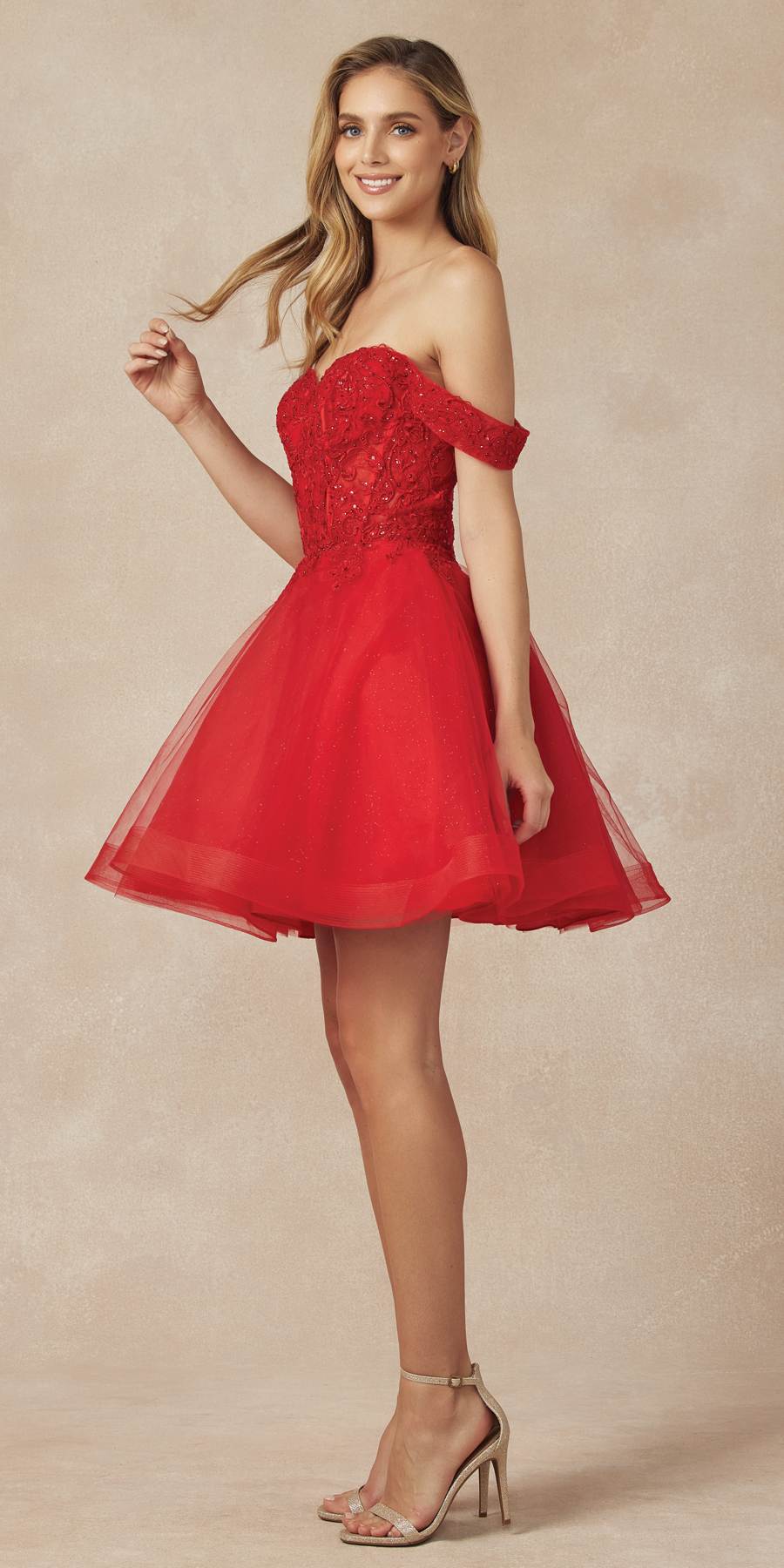 Juliet 880 Glitter Tulle A-Line Cold-Shoulder Homecoming Dress.