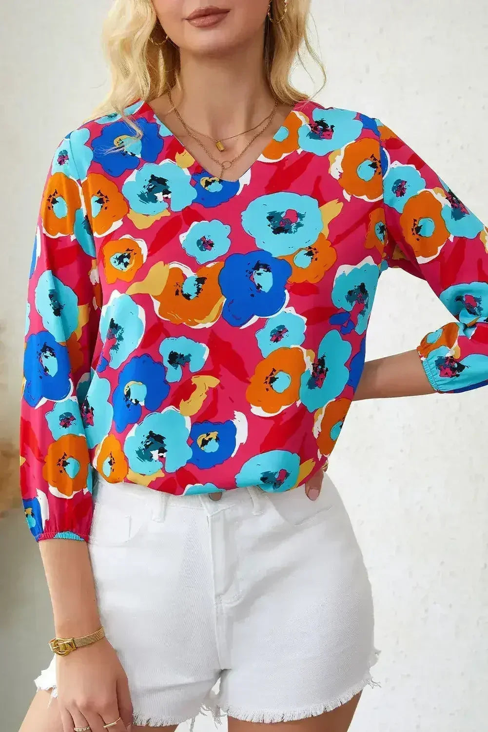 Floral Print V Neck Blouse - 3/4 Sleeve & Non-Stretch | Femstylo